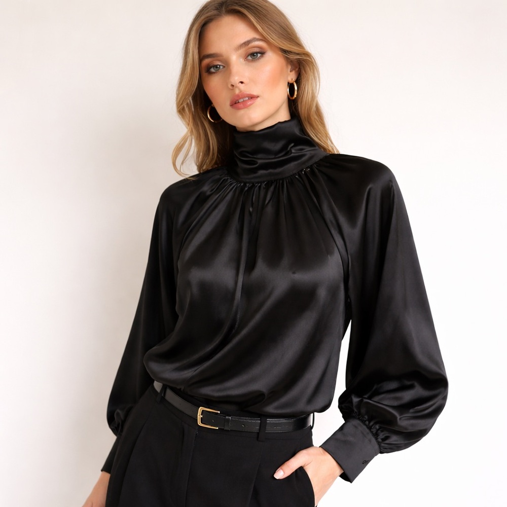 🖤Y2K Black Satin High-Neck Blouse | Adjustable Collar 🖤